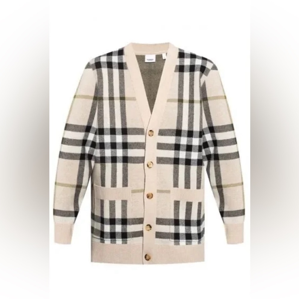 Burberry Signature Check Jacquard Cardigan Wool Cashmere in Beige | size L - Picture 2 of 12